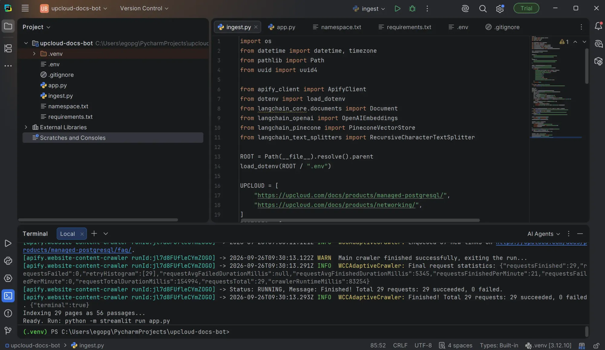   PyCharm terminal confirming 29 documentation pages indexed as 56 passages.