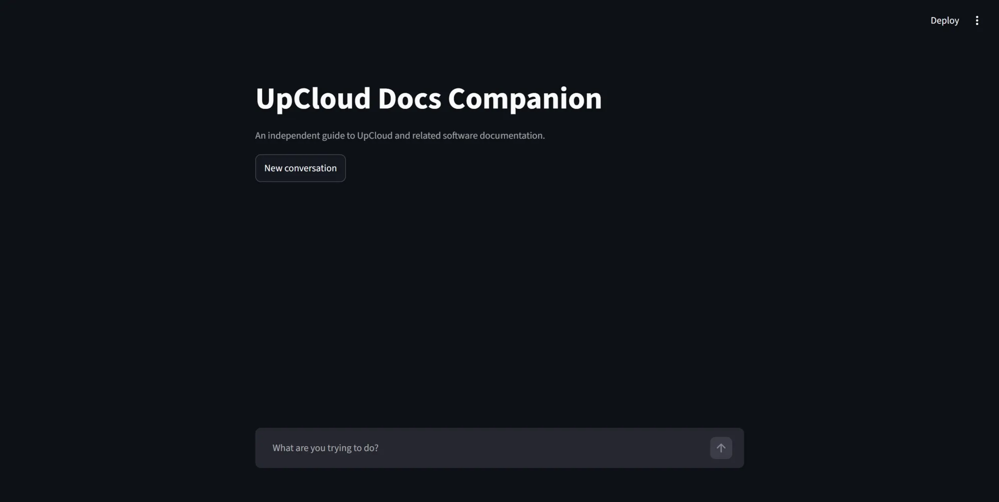 UpCloud Docs Companion home screen with a question field and New conversation button.