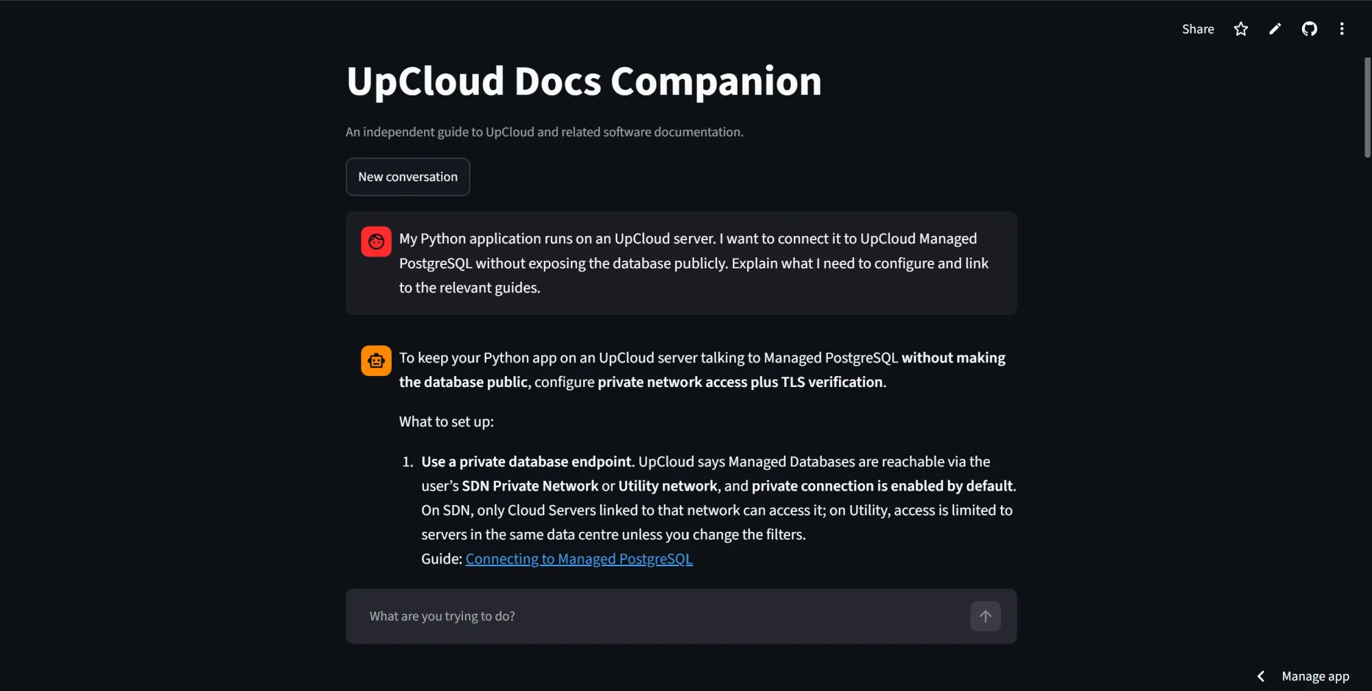 CChatbot explaining private access to UpCloud Managed PostgreSQL