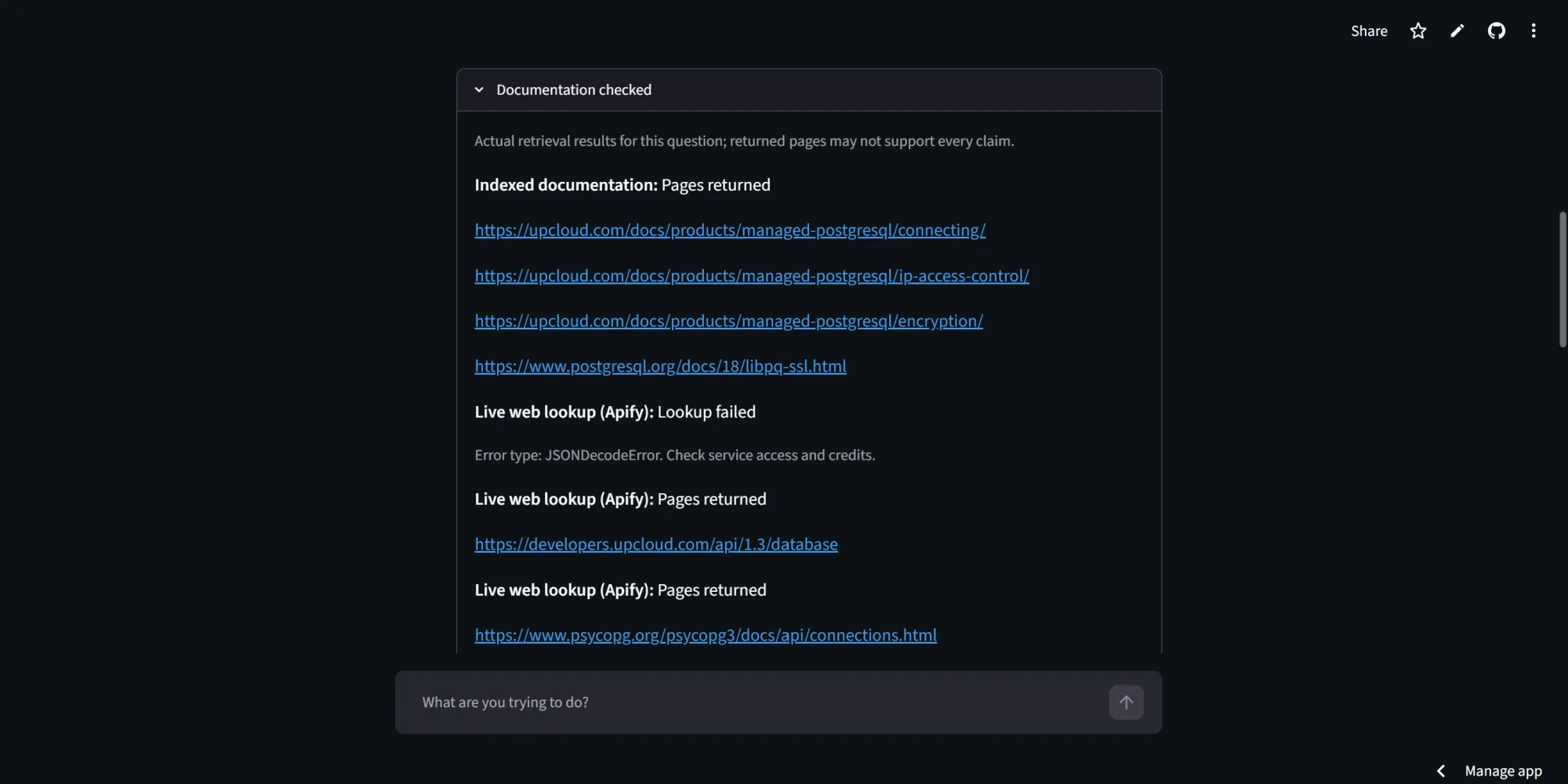Expanded Documentation checked panel showing retrieved sources and an Apify lookup