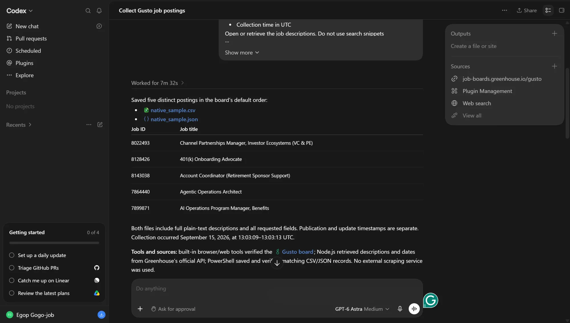 Codex showing five Gusto job postings with CSV and JSON download links.