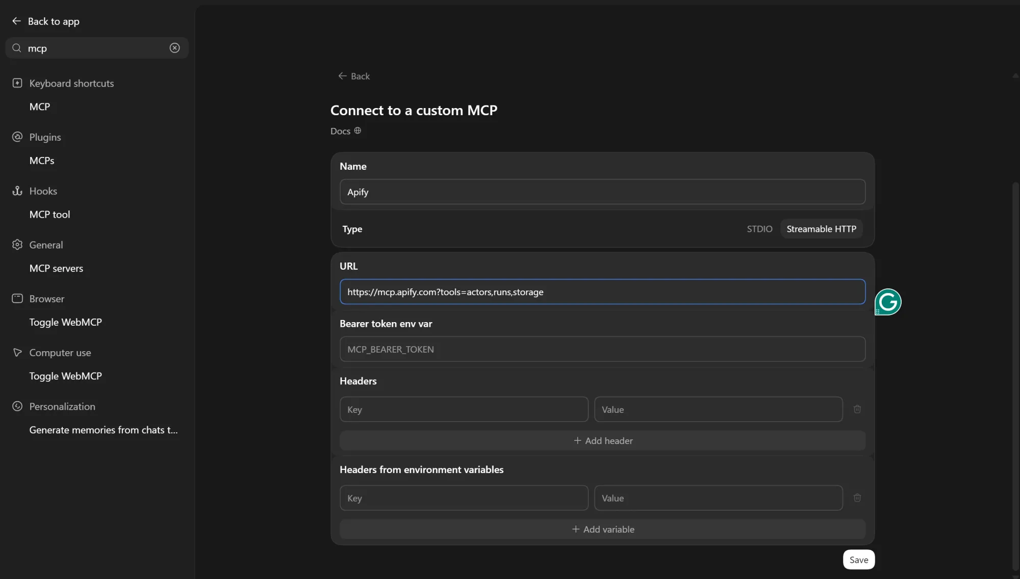 Apify MCP server settings in Codex with Streamable HTTP selected.