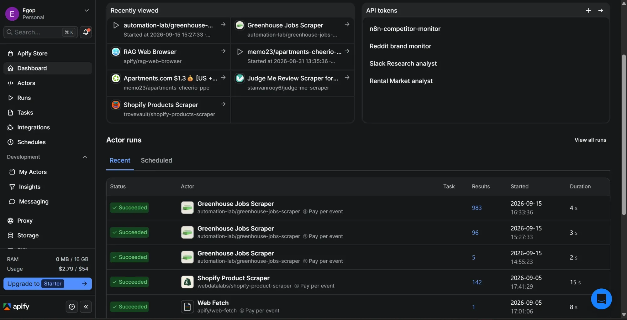 Apify dashboard showing successful Greenhouse scraper runs with 983, 96, and 5 results.