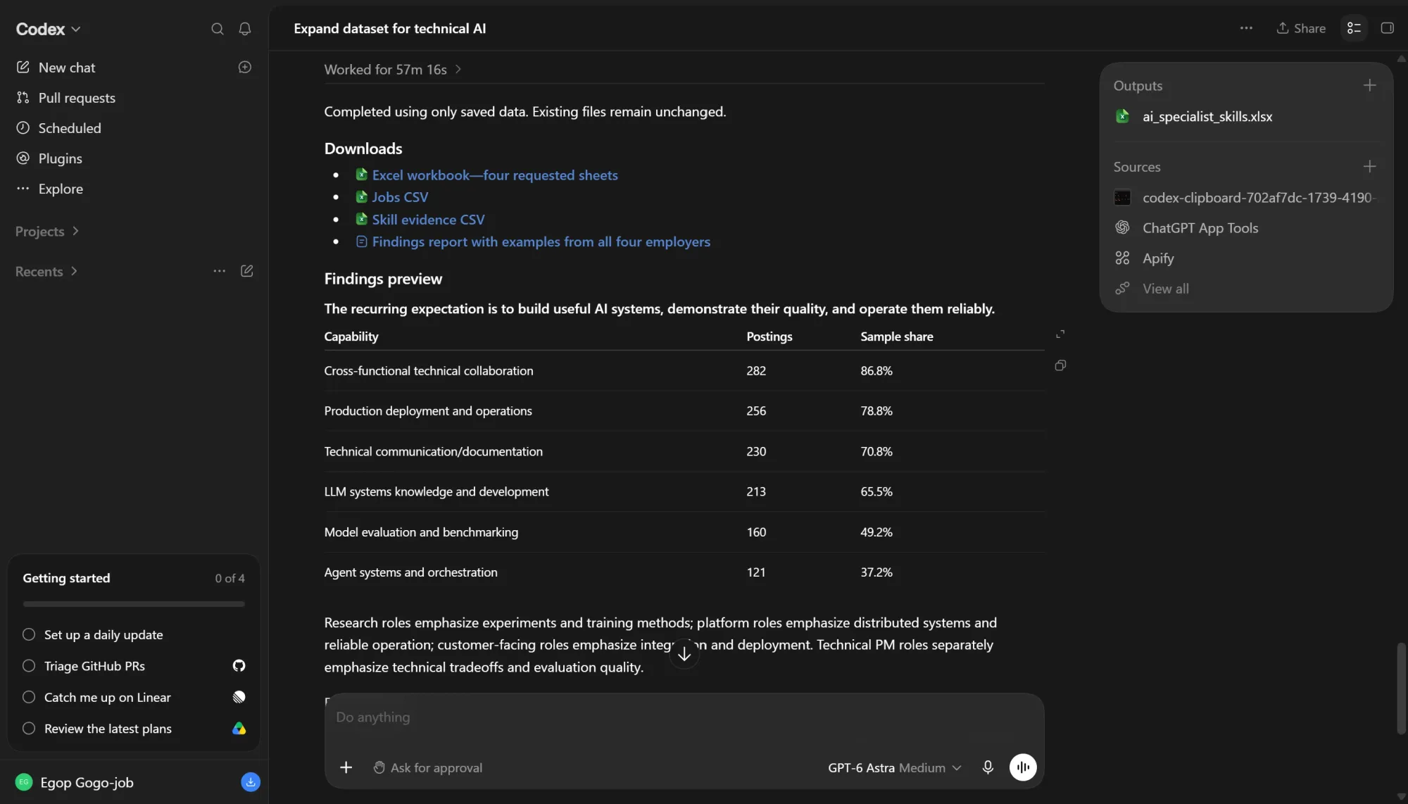 Codex showing AI skill requirements, posting counts, and Excel and CSV download links.