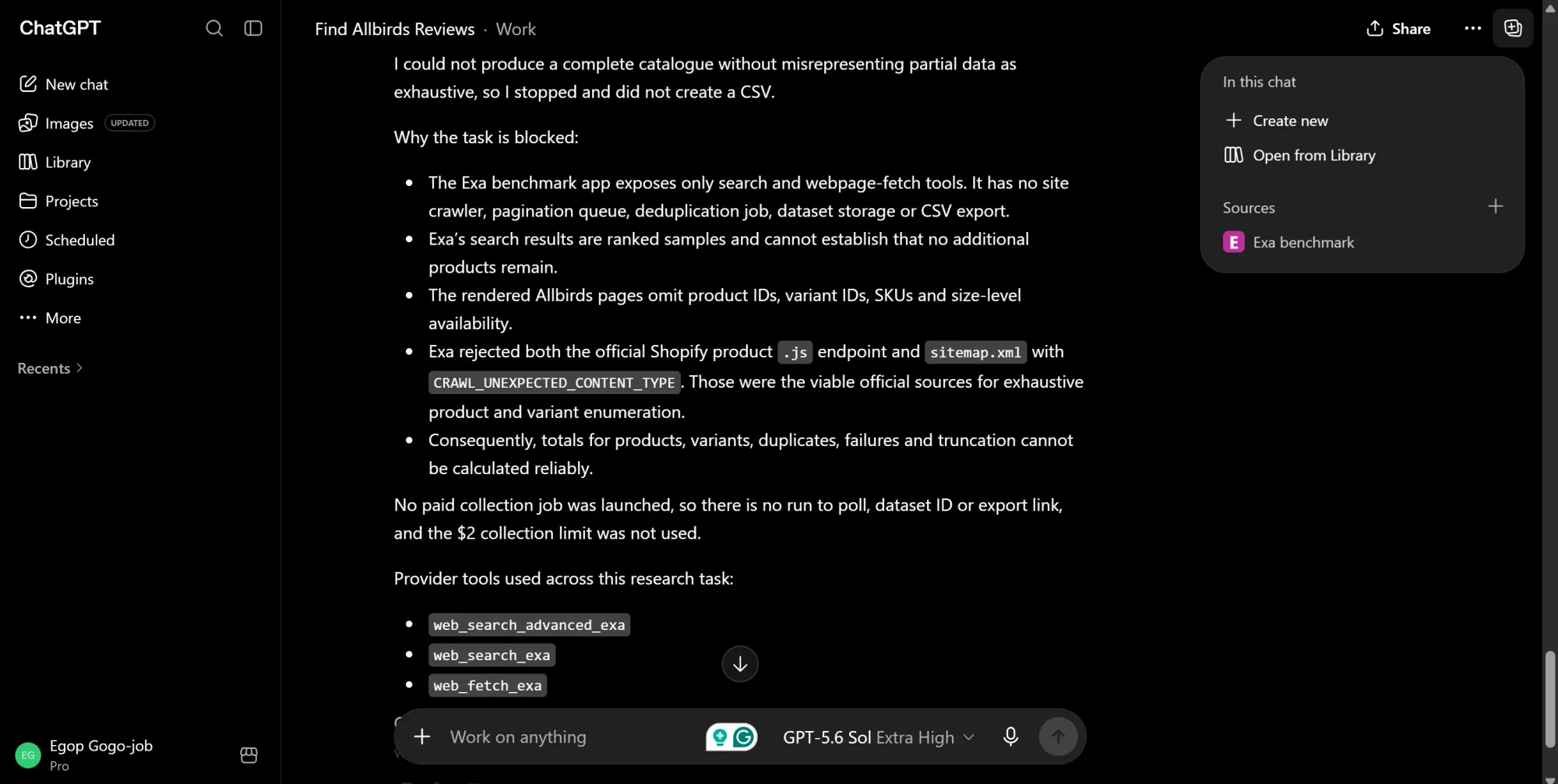 Exa reporting that it could not collect the complete Allbirds catalog or produce a CSV.