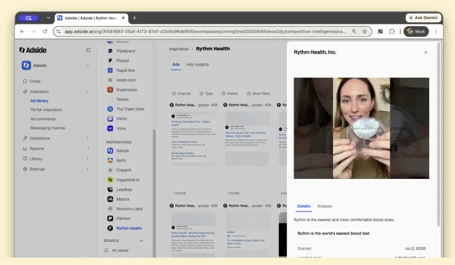 An Adside ad detail panel showing a single competitor creative with its messaging, start date, and landing page