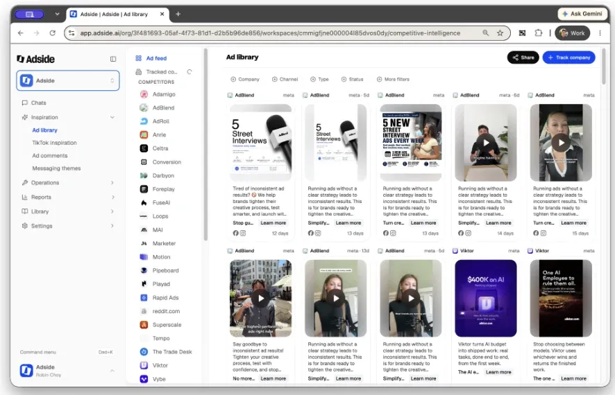 The Adside ad library showing live competitor ads from Meta, Google, and LinkedIn in one feed