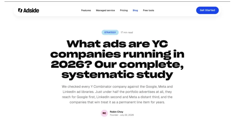 The header of Adside's published study on what ads Y Combinator companies are running in 2026