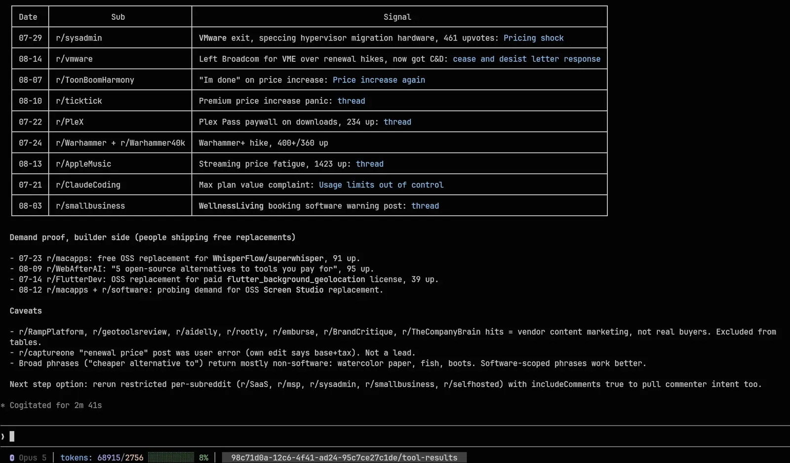 The agent's filtered output, including its own caveats about excluded vendor marketing