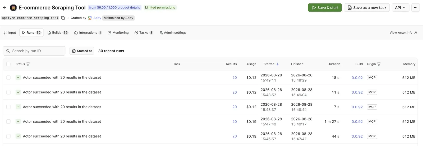 Apify Console showing 5 runs with results