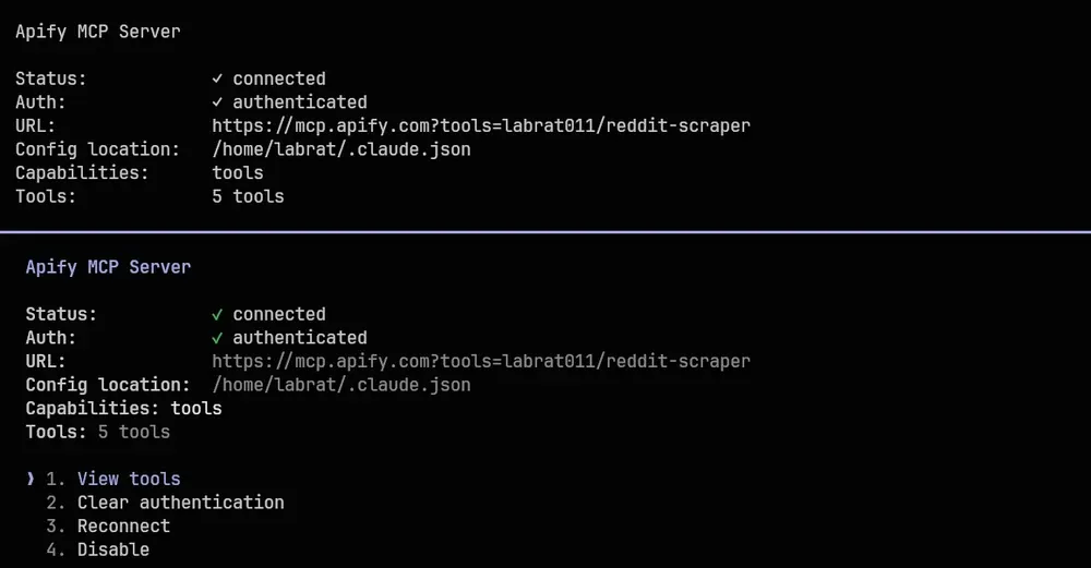 The Apify MCP server connected in Claude Code, exposing the Actor as a tool