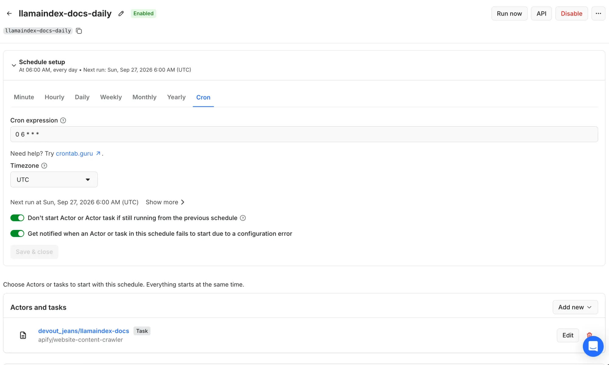 Apify schedule with the cron expression 0 6 * * * in UTC that runs the Website Content Crawler task daily