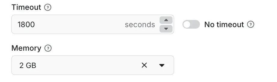 Actor task run options in Apify Console with Timeout set to 1800 seconds and Memory set to 2 GB