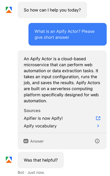 Screenshot of AI chatbot Fin answering a question about Apify Actors