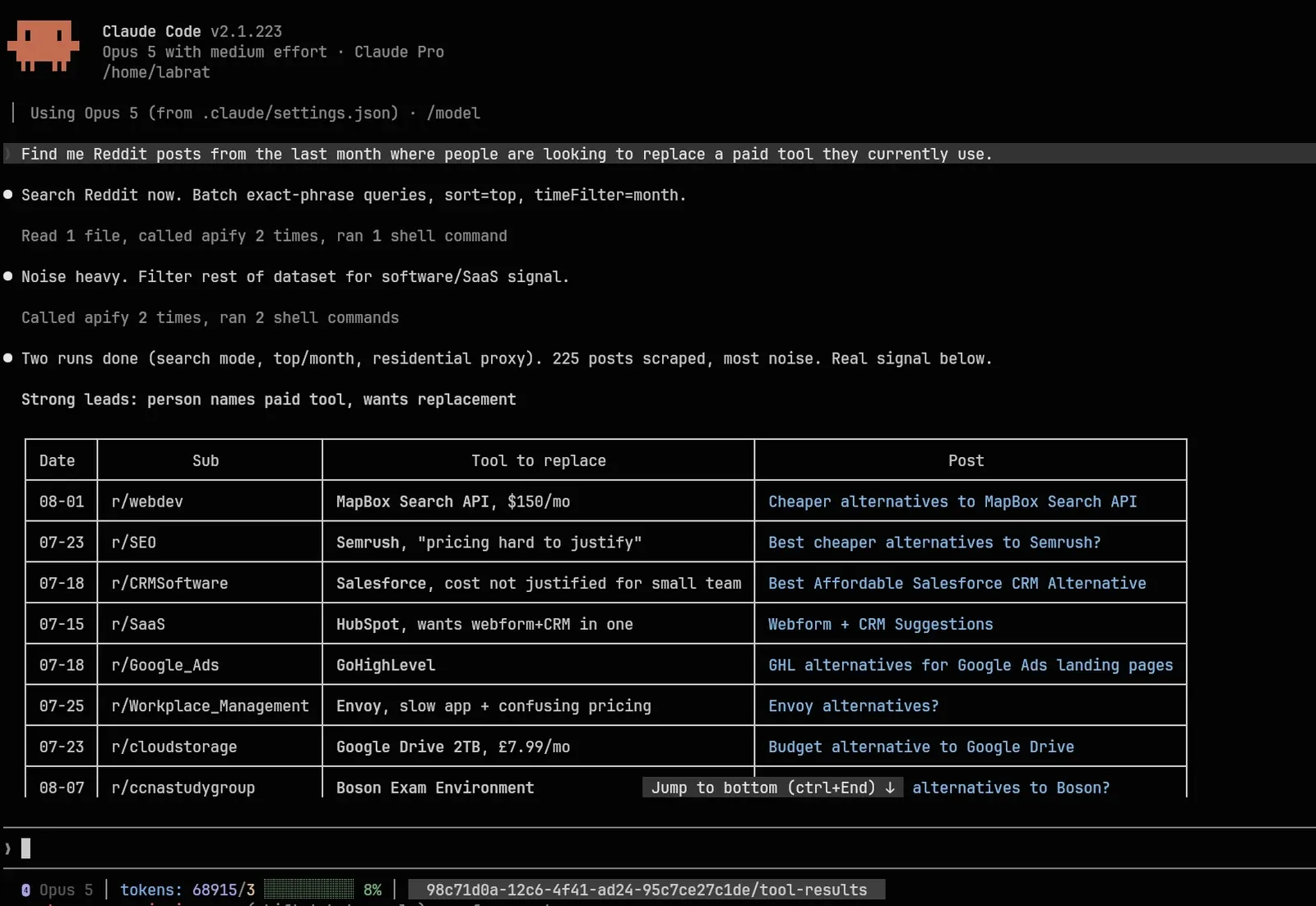 The agent choosing quoted phrases, top and month on its own, then filtering for software signal
