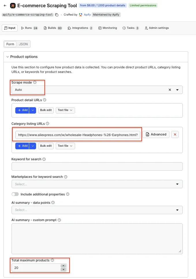 E-commerce Scraping Tool input form with Scrape mode set to Auto, an AliExpress category URL, and Total maximum products set to 20
