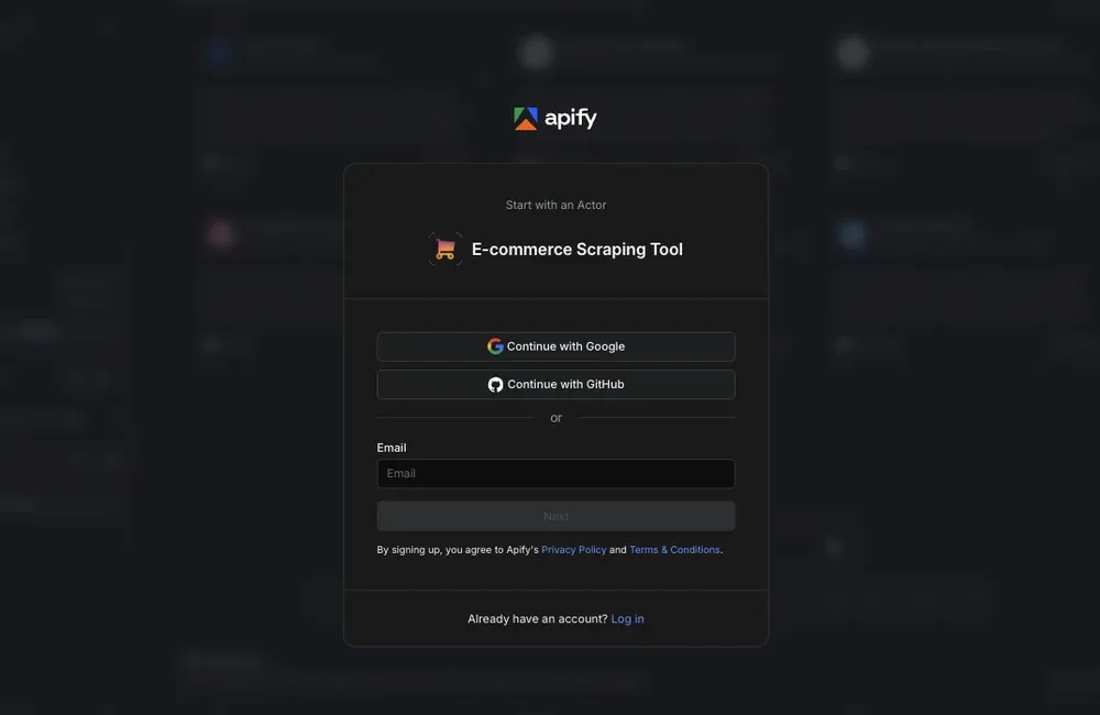 Apify sign-up screen for E-commerce Scraping Tool with Google, GitHub, and email options
