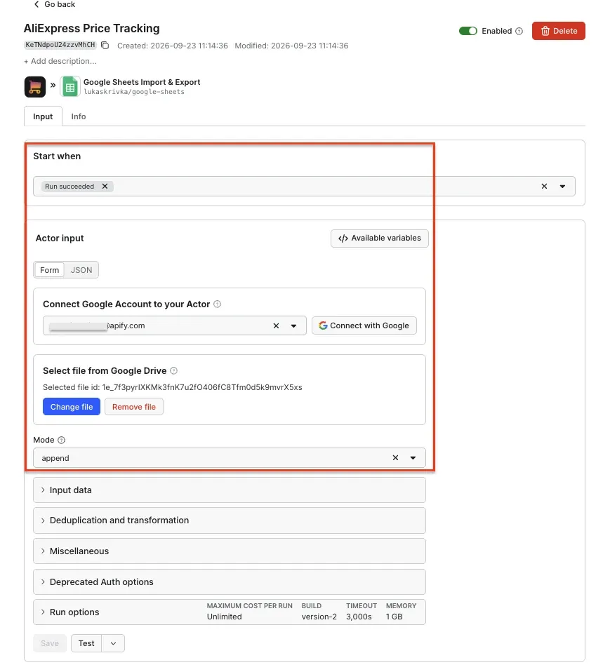 Google Sheets Import & Export integration settings with Start when set to Run succeeded, a connected Google account and file, and Mode set to append