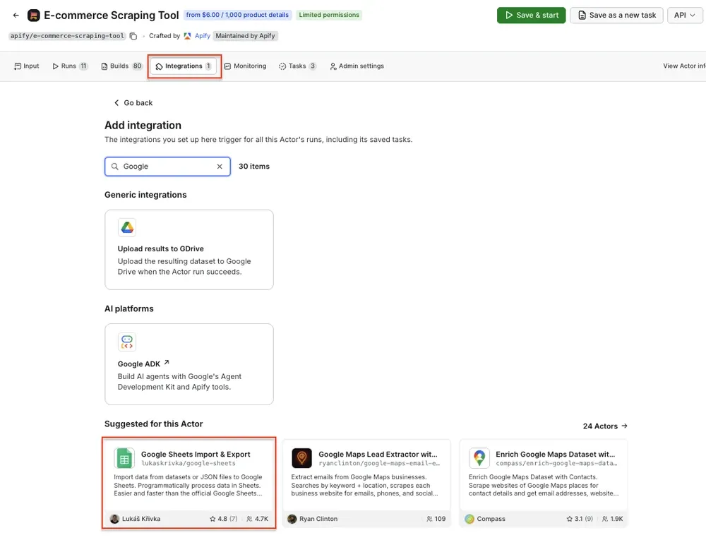 Add integration screen in Apify Console with Google Sheets Import & Export highlighted in the results