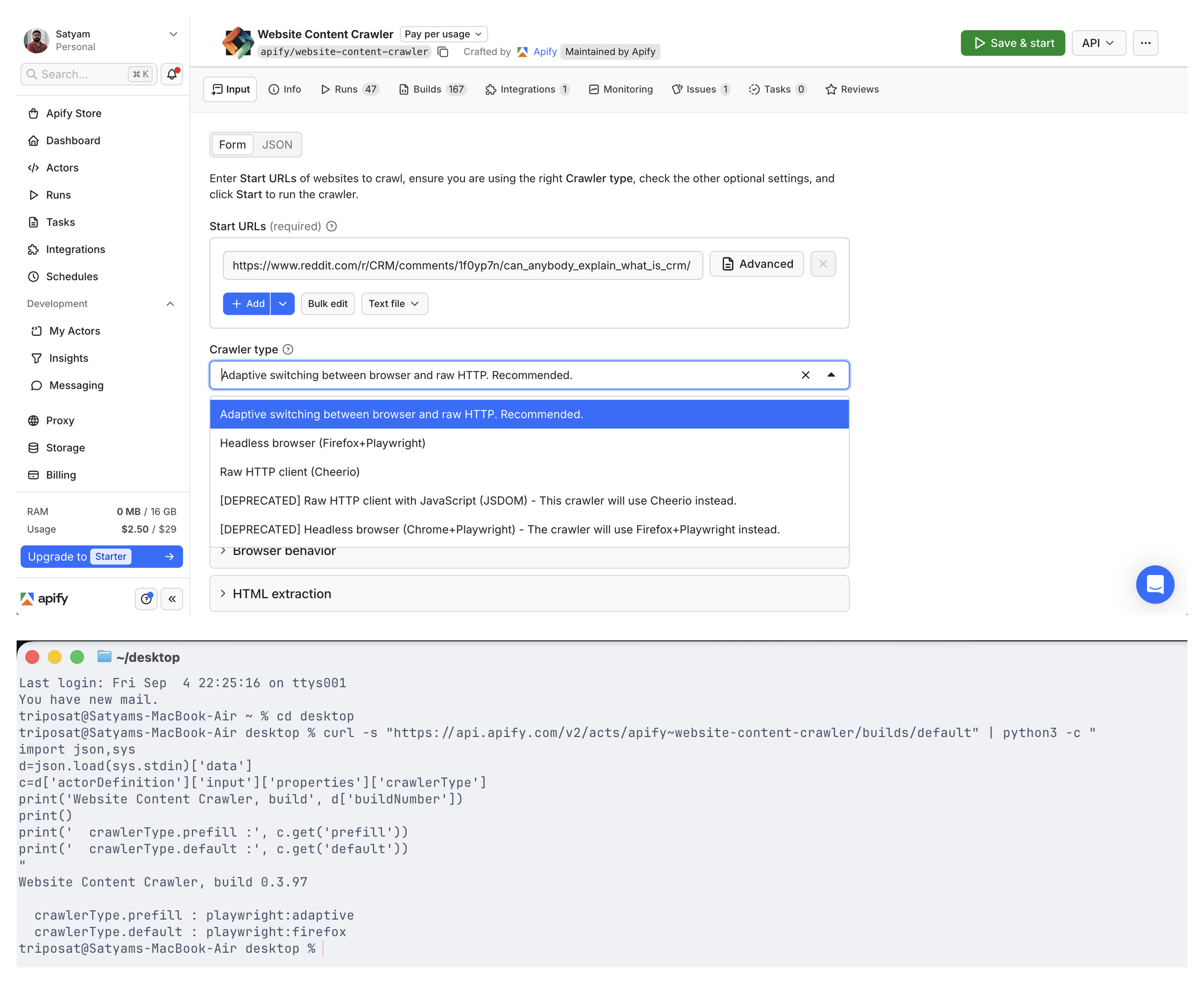Apify Console showing the Crawler type field with its prefilled value, next to the same Actor's input schema where the default is playwright:firefox