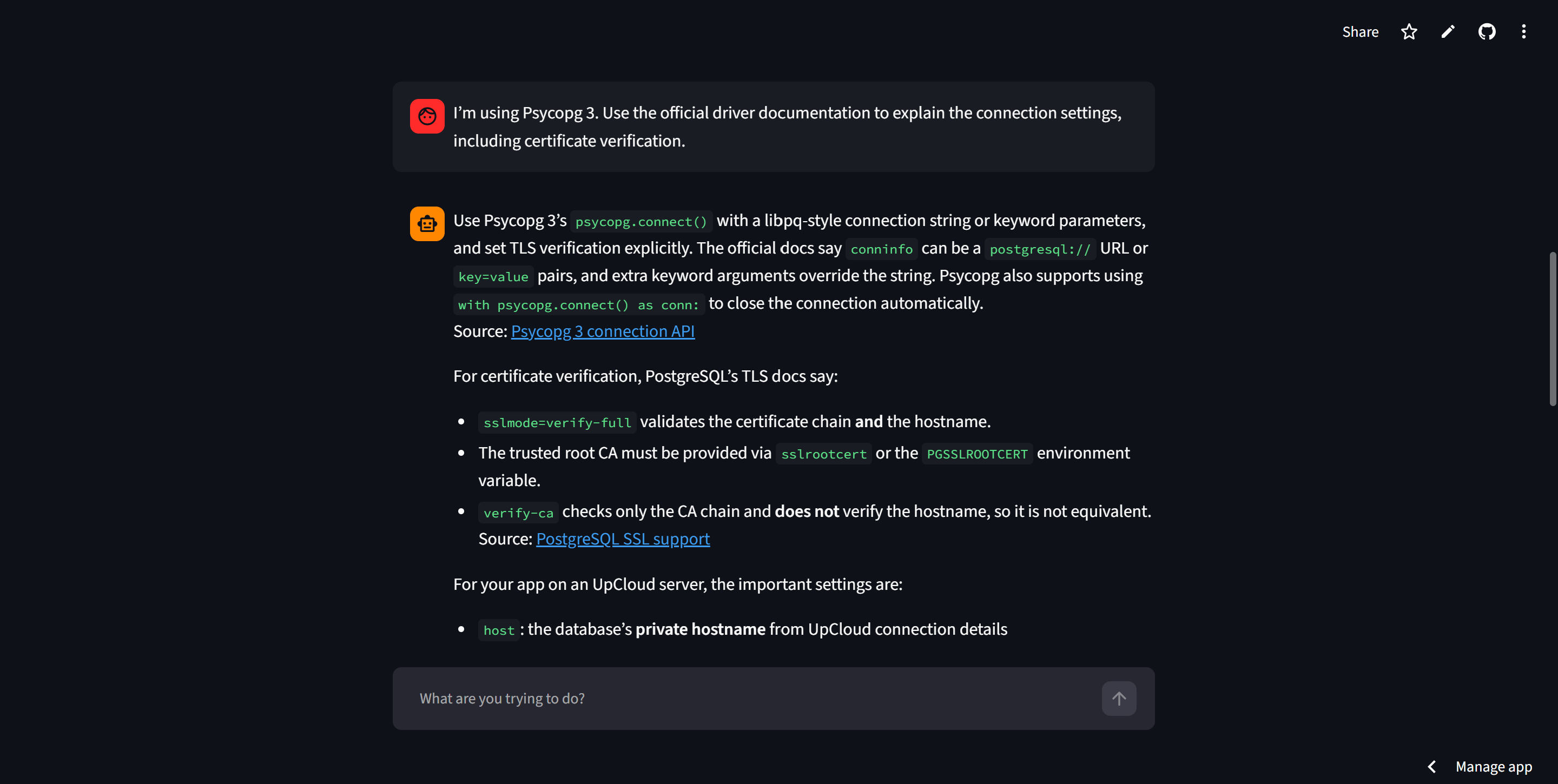 Chatbot explaining Psycopg 3 connection settings and TLS certificate verification.