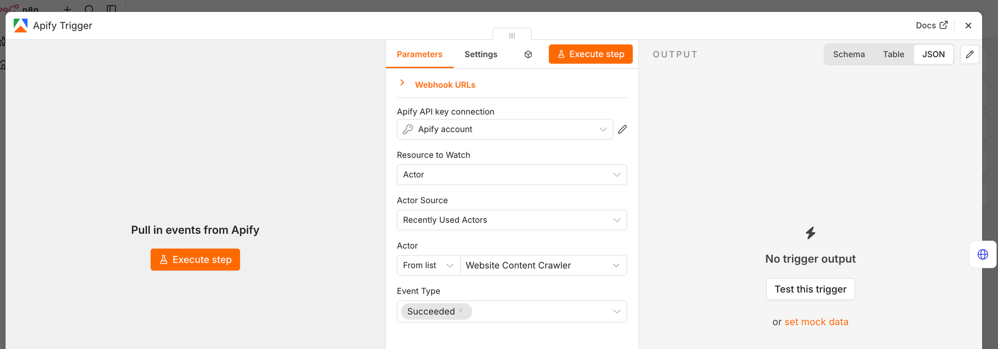 The Apify Trigger node in n8n, showing Resource to Watch set to Actor and the Actor field in From list mode resolved to Website Content Crawler
