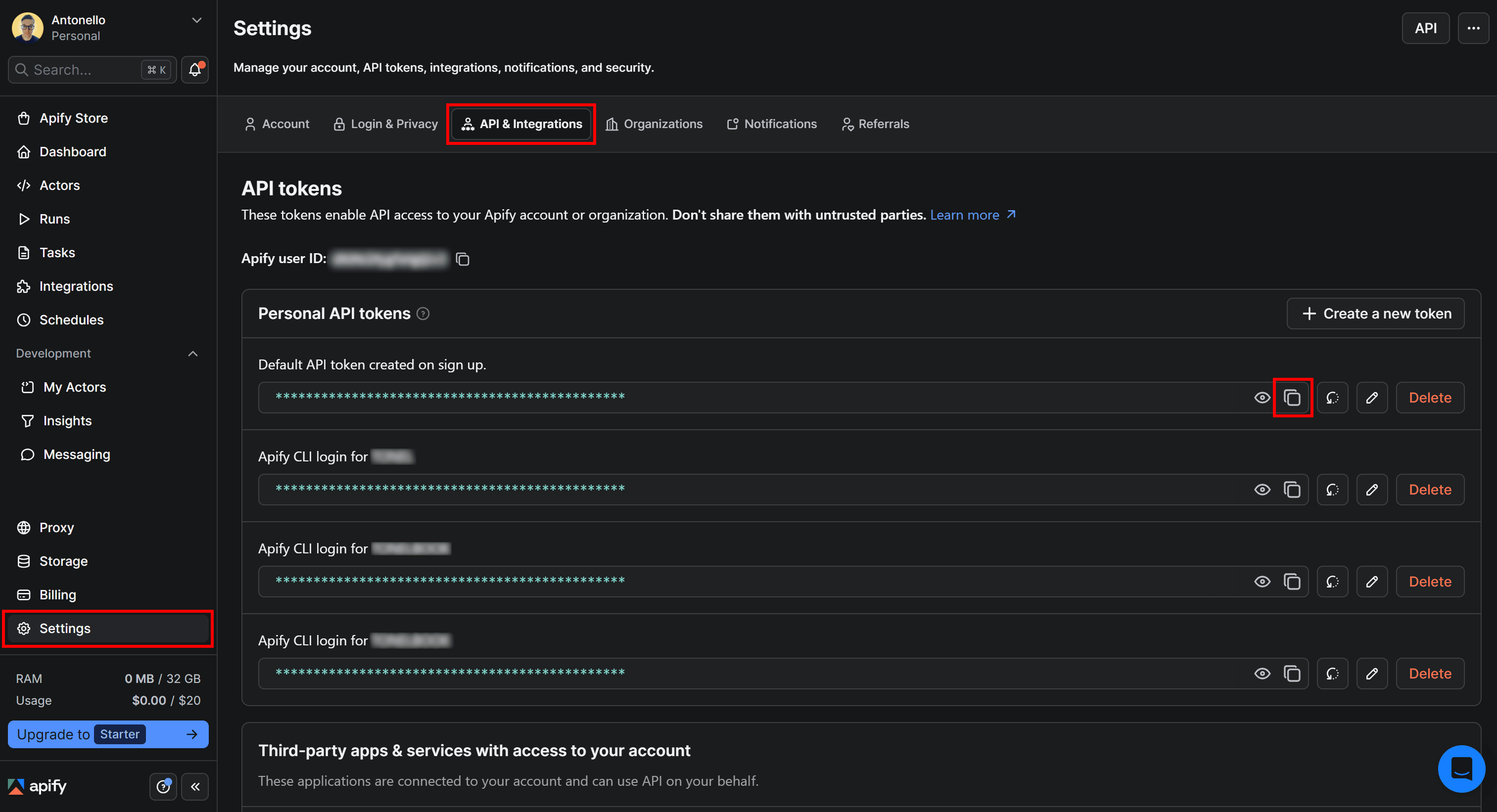 Retrieving your Apify API token