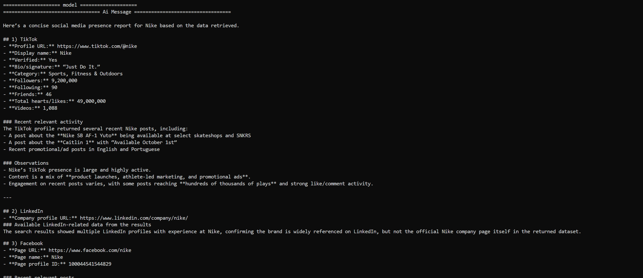 The output produced by the LangGraph agent