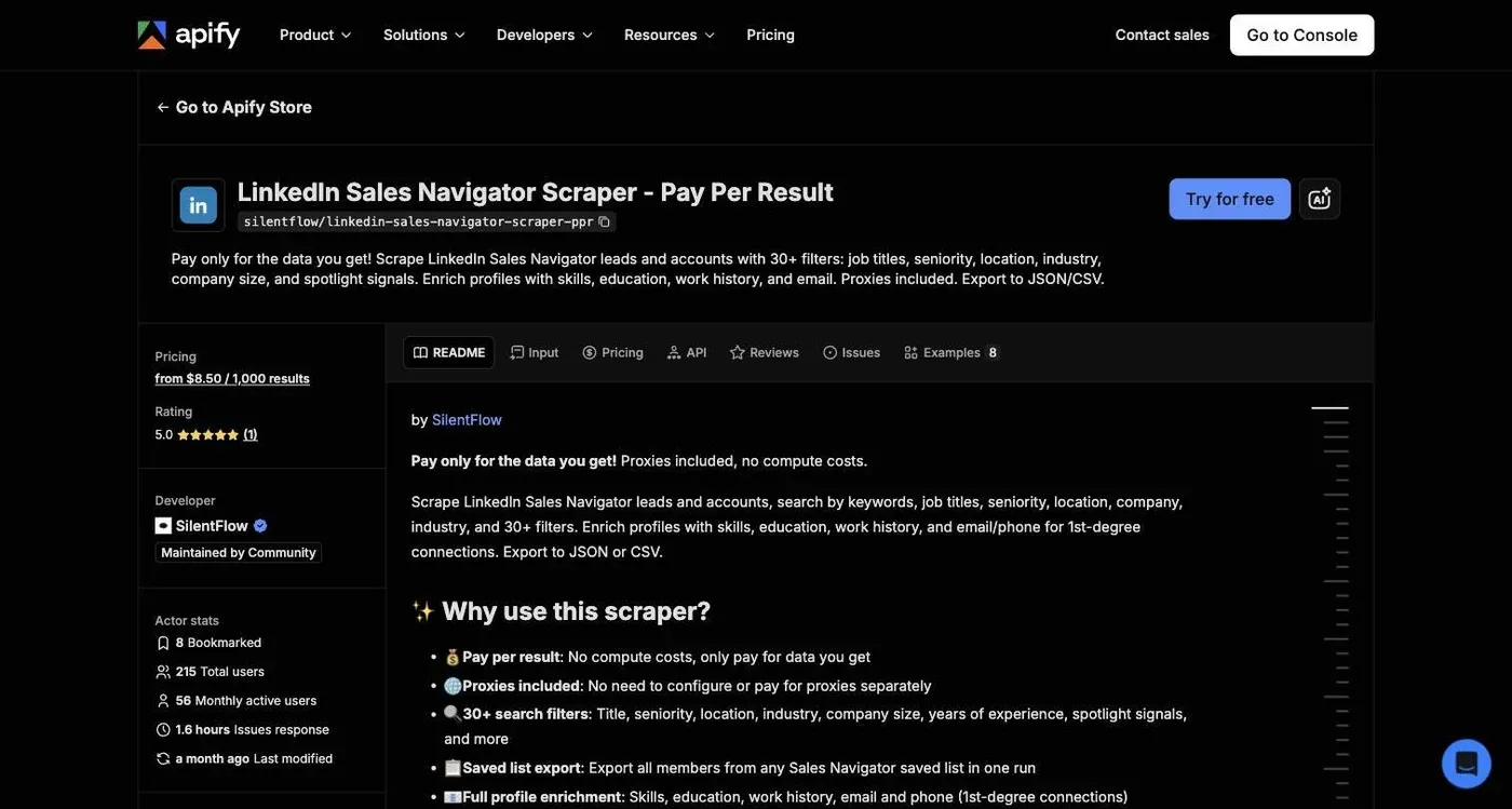 Apify Store page for the LinkedIn Sales Navigator Scraper showing 215 total users, 56 monthly active users, and a 5.0 star rating