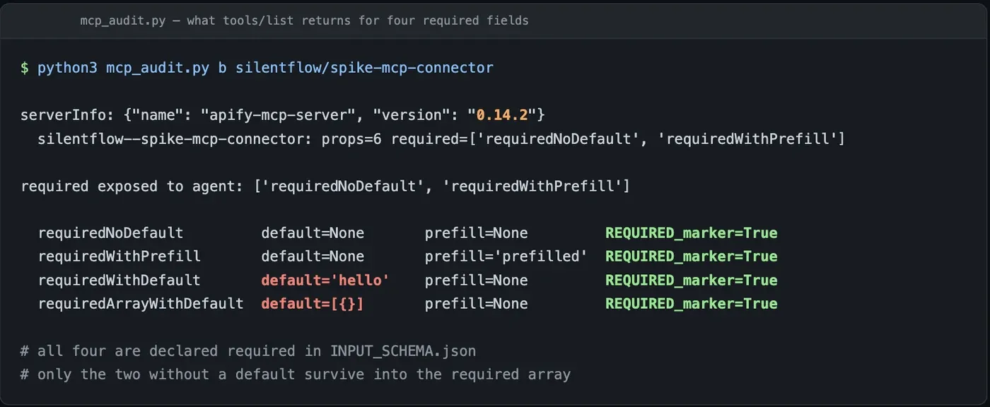 tools/list output from the throwaway Actor, showing that only the two required fields without a default value survive into the required array exposed to the agent
