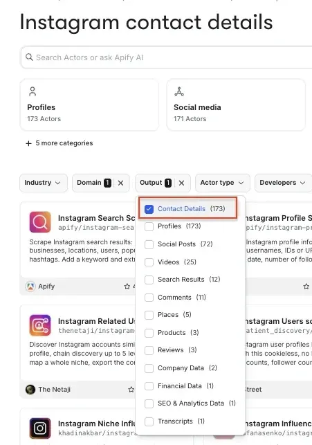 Output type filter for Instagram, showing Contact details