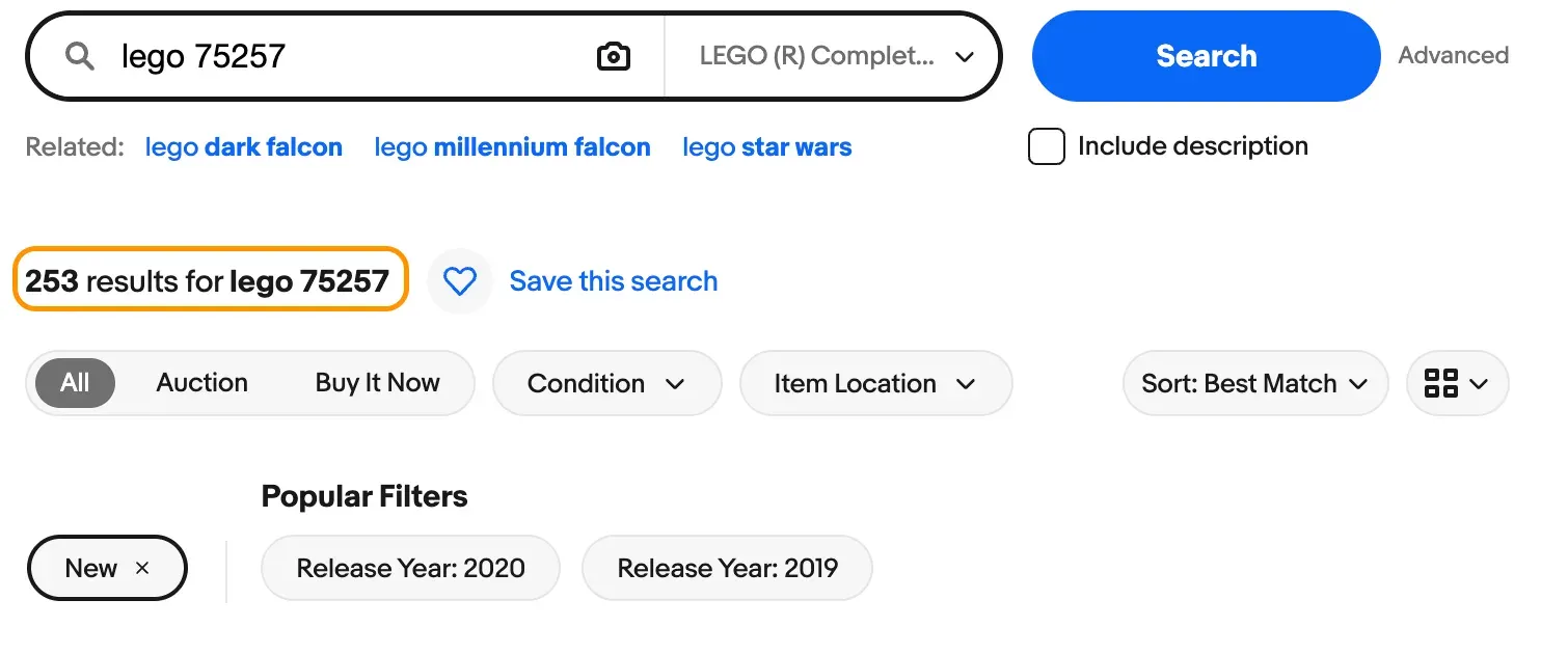 eBay search for lego 75257, condition New: 253 results