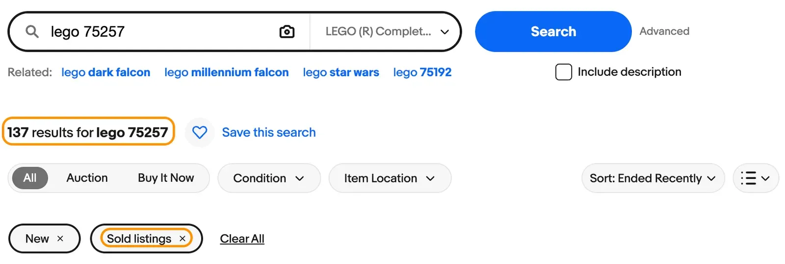 The same search with Sold listings applied: 137 results