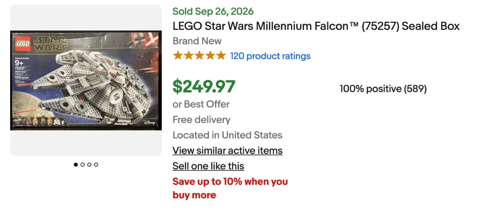 A sold sealed Falcon in eBay search, shown at $249.97 or Best Offer