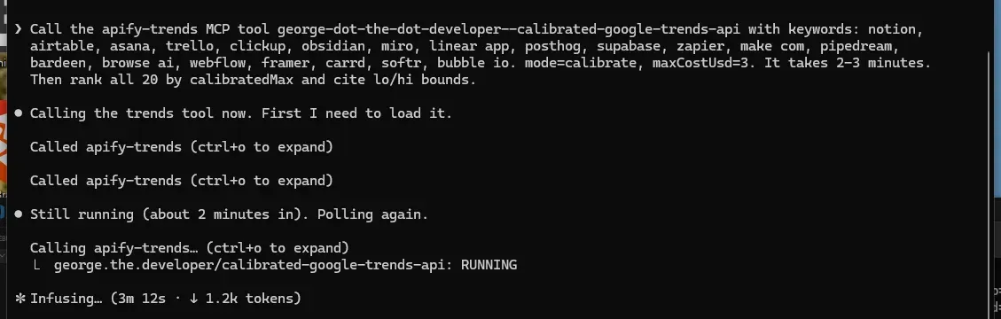 Claude Code calling the calibrated Google Trends Actor over Apify MCP