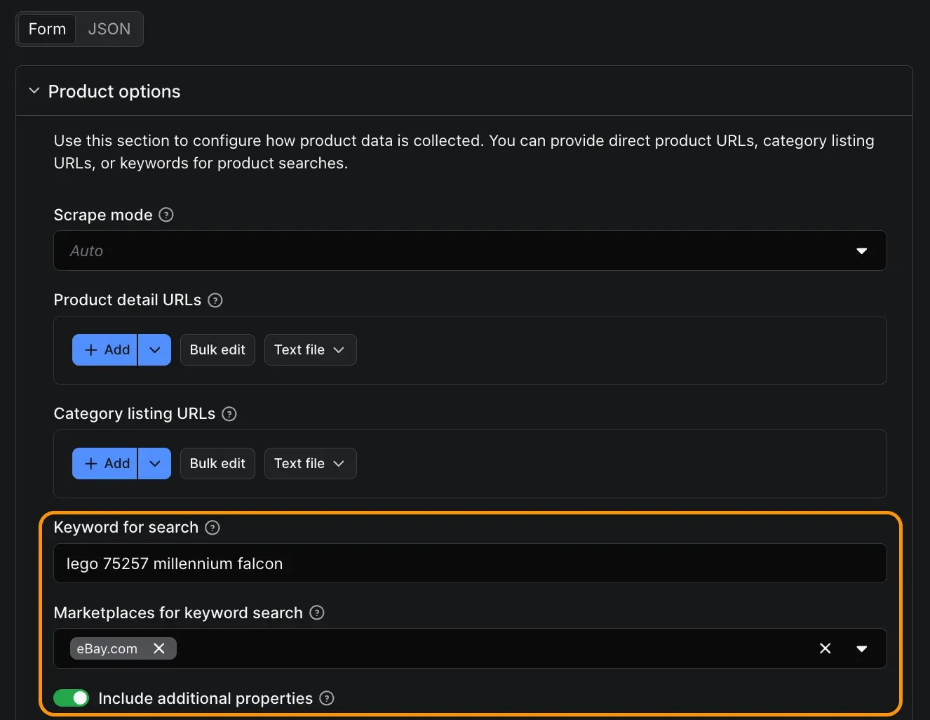 E-commerce Scraping Tool input with the keyword and eBay.com entered