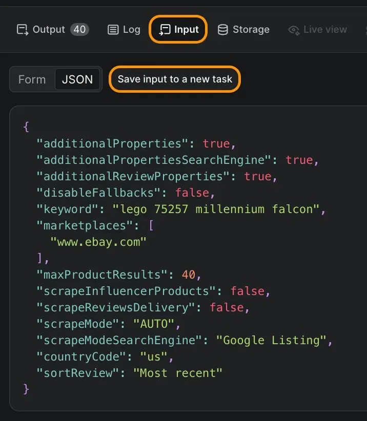 Save input to a new task button on a finished run's Input tab