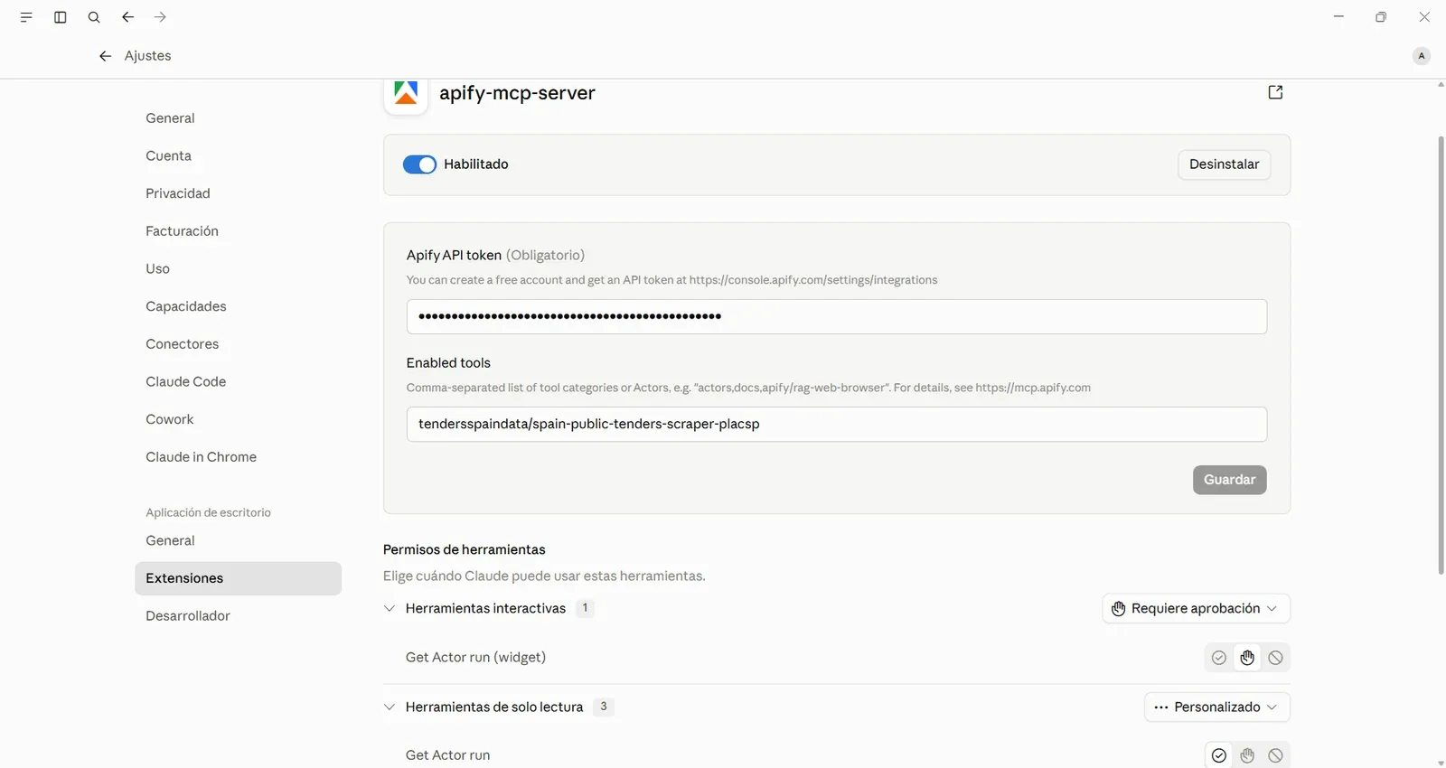 Screenshot of the Apify MCP server extension enabled in Claude Desktop, showing the Actor tendersspaindata/spain-public-tenders-scraper-placsp added under Enabled tools.