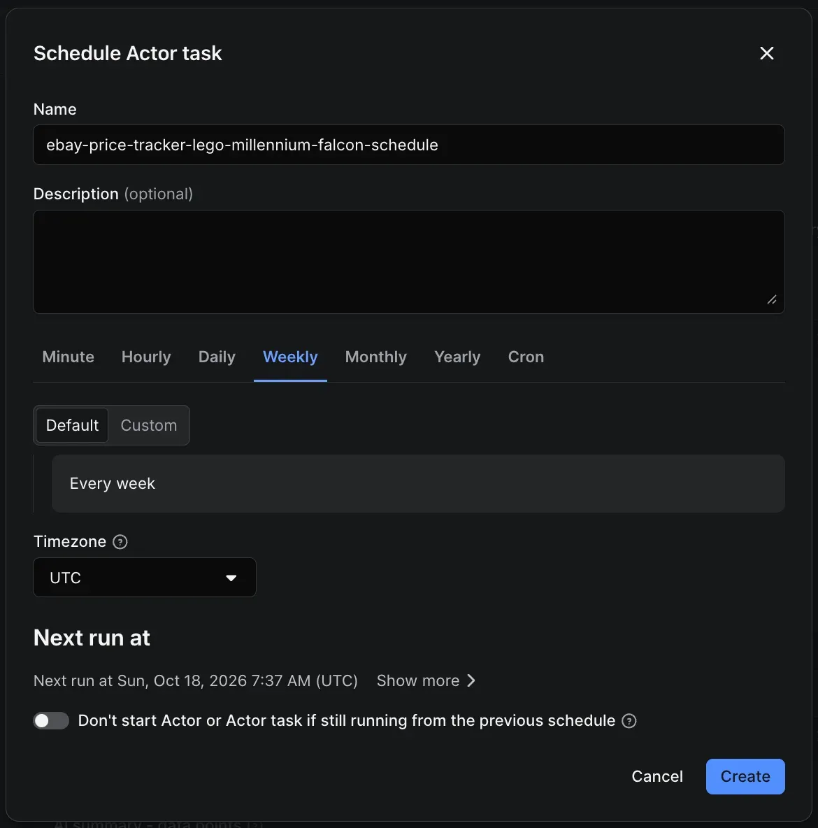 Schedule dialog set to Weekly