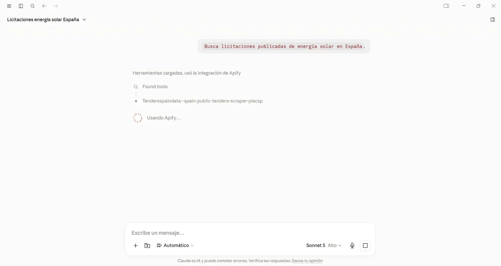 Screenshot of Claude Desktop calling the Apify tenders Actor to answer a plain-Spanish request for published solar-energy tenders in Spain.