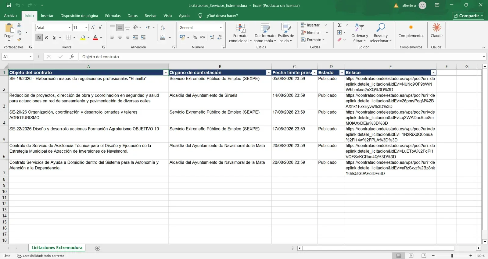 Screenshot of an XLSX file the agent produced, listing six Extremadura service tenders with object, contracting body, deadline, status and tender link.