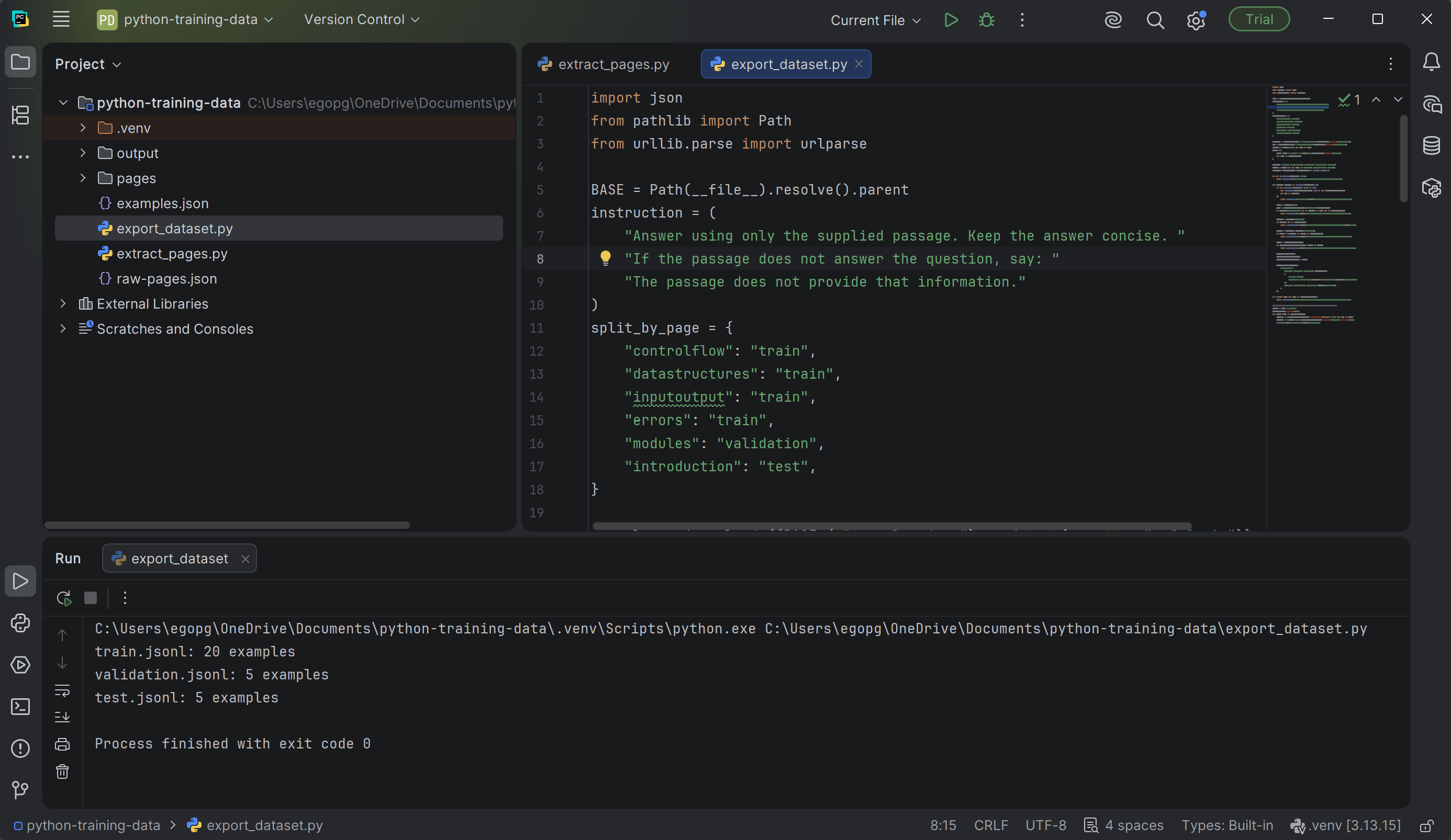 Python training dataset