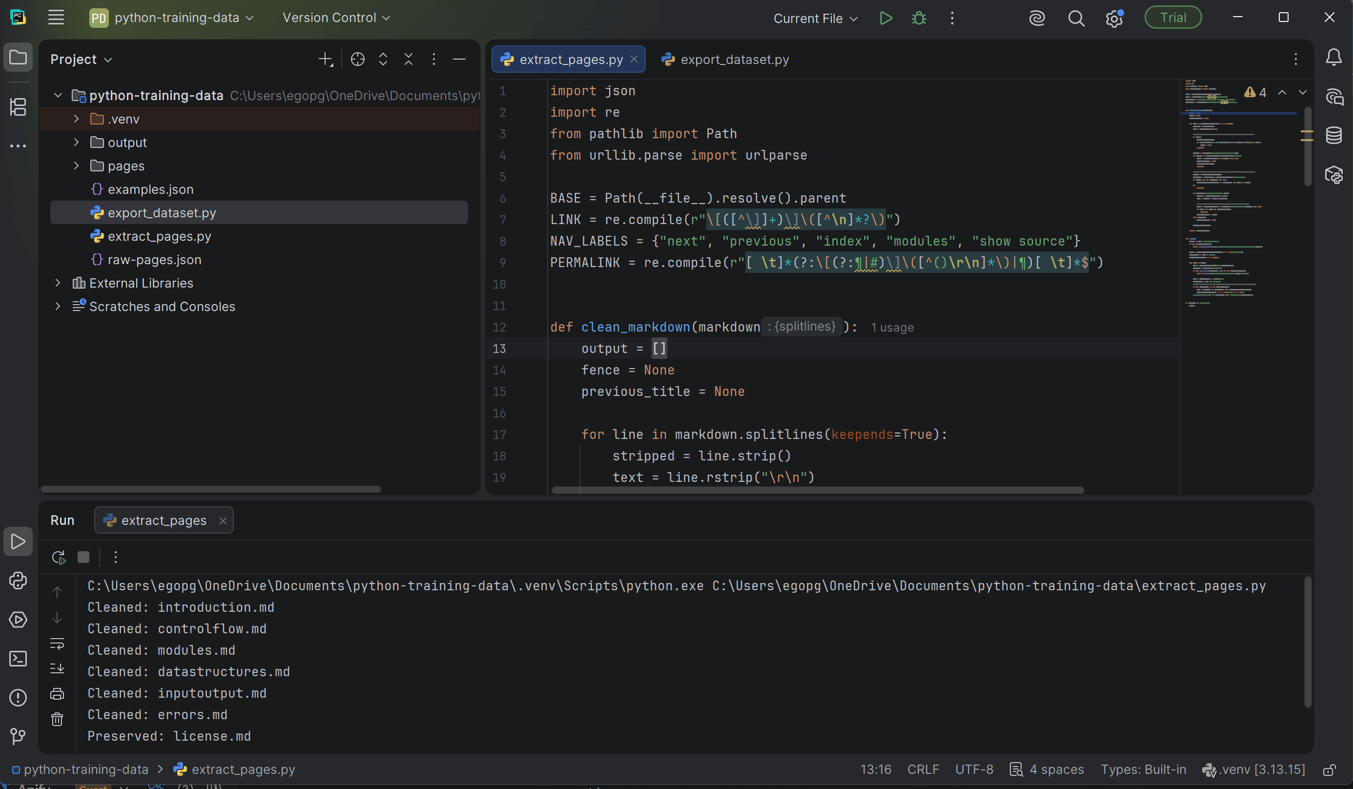 Python training data - Export dataset