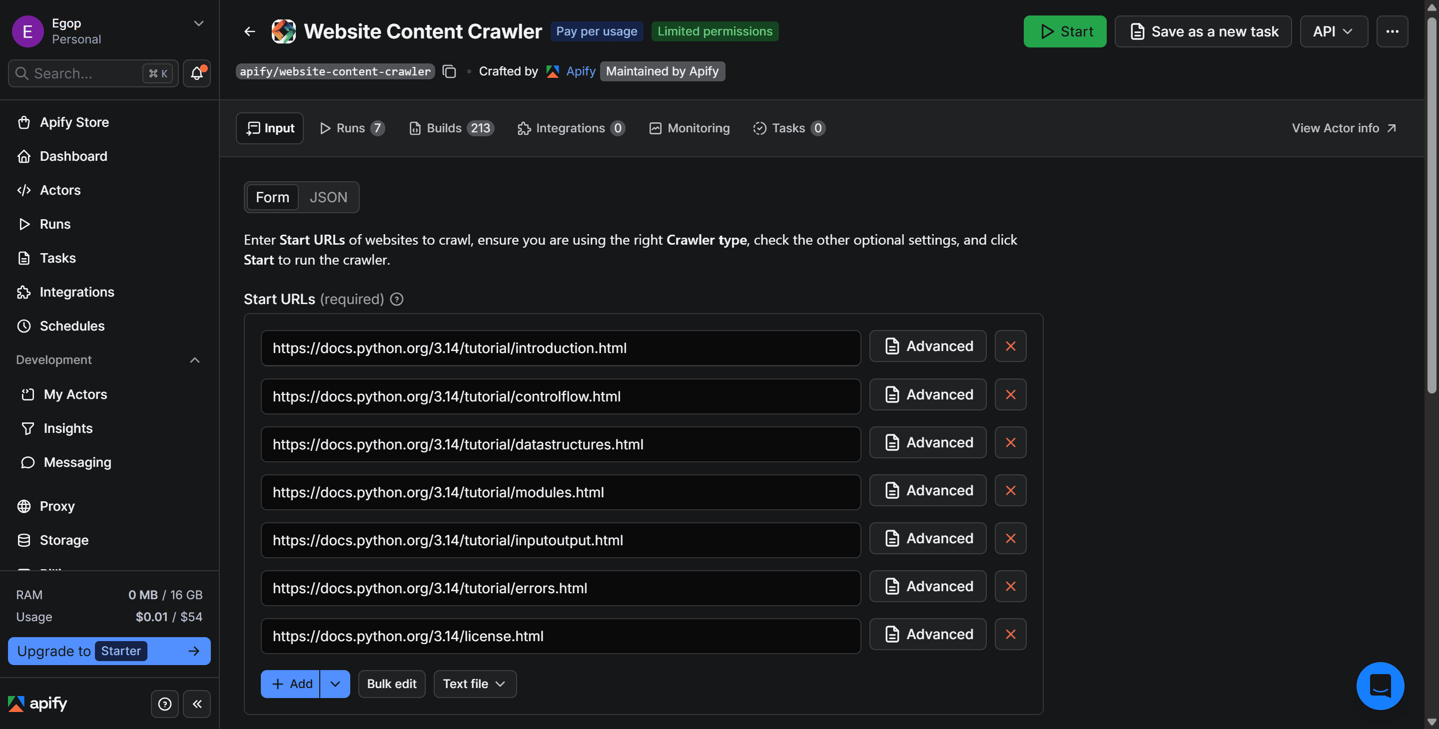 Website Content Crawler - Start URLs