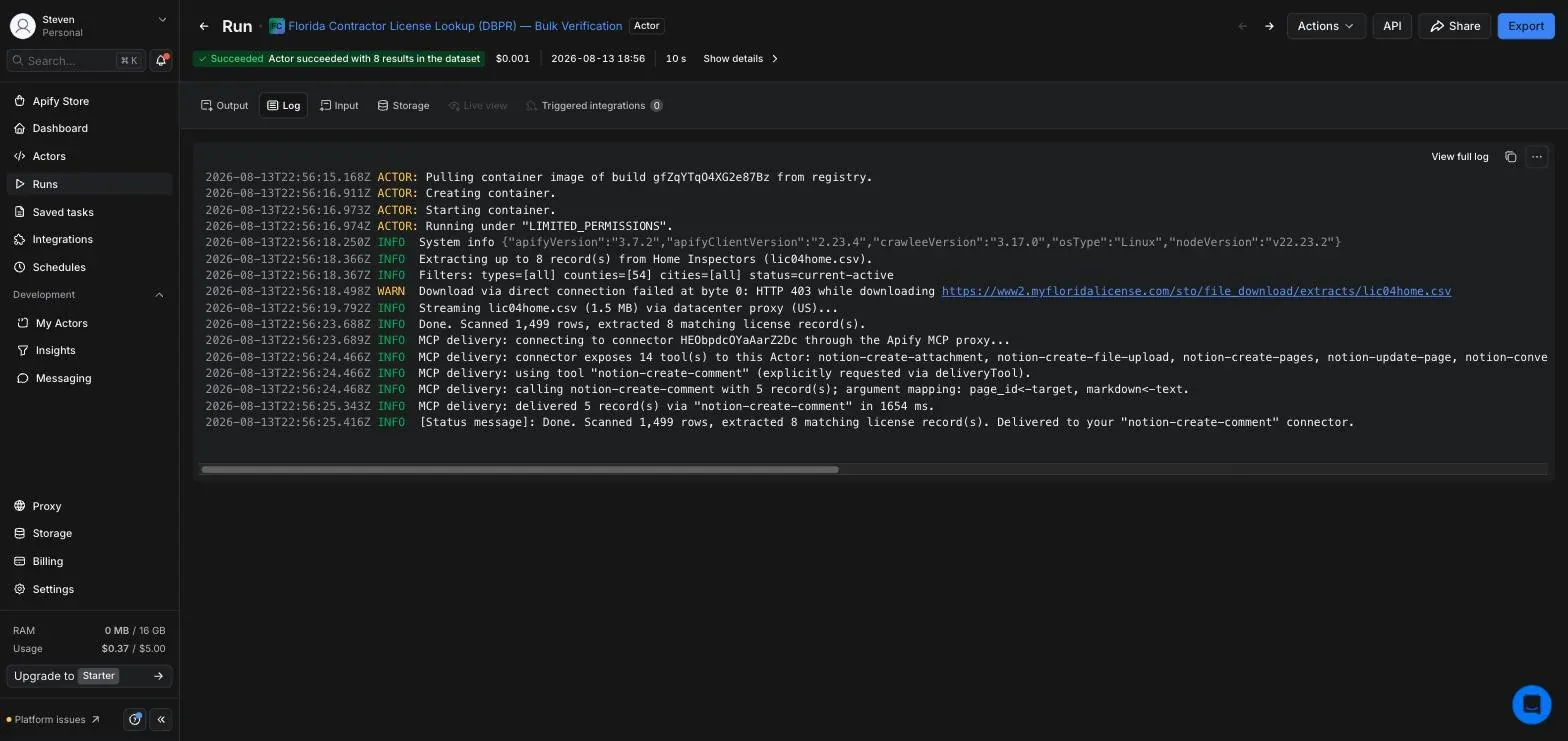 Apify run log of the Florida license Actor showing the connector exposing 14 Notion tools and delivering 5 records via notion-create-comment