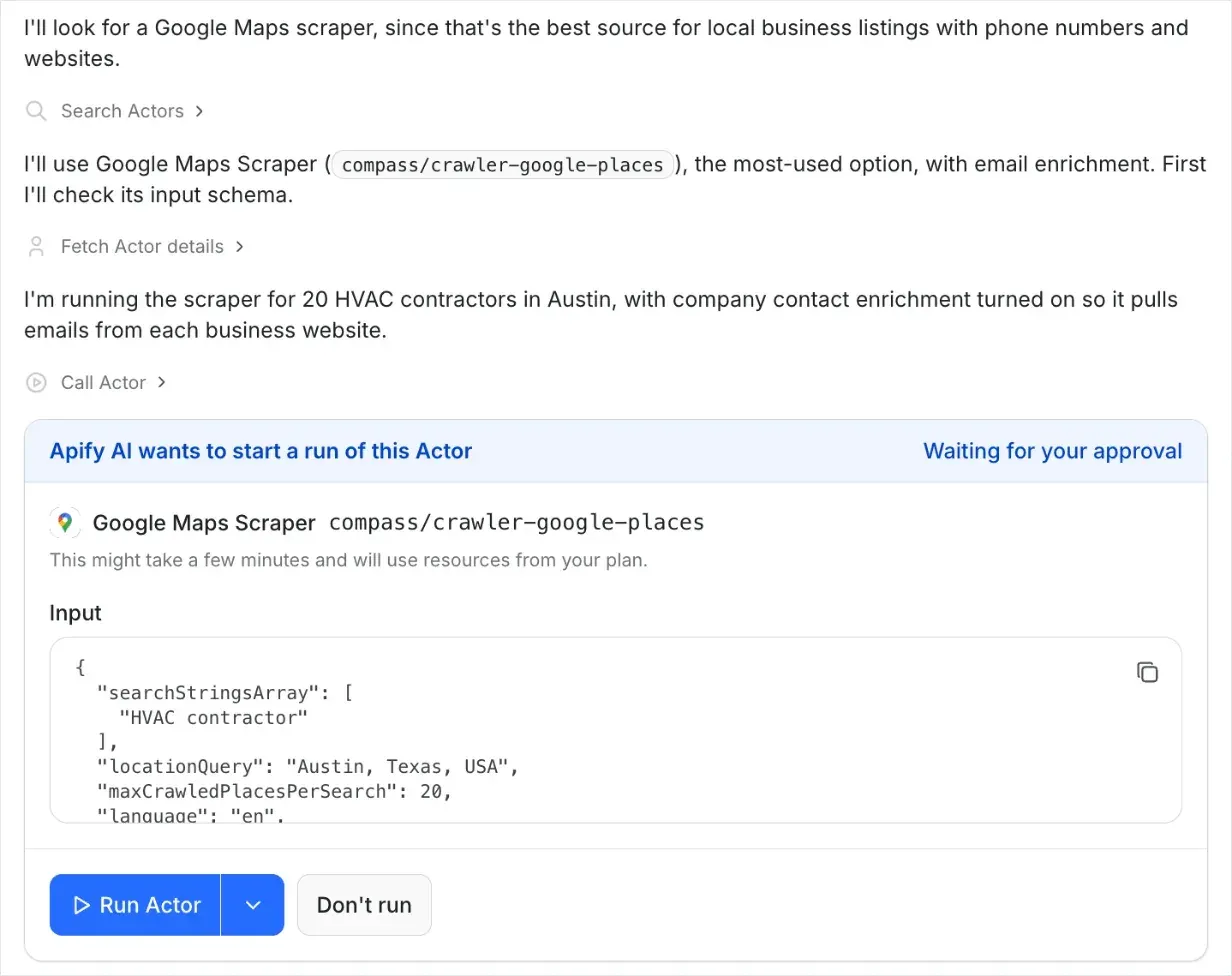 Apify AI chat asking for approval to run Google Maps Scraper for 20 HVAC contractors in Austin, Texas, with the filled-in input and Run Actor and Don't run buttons
