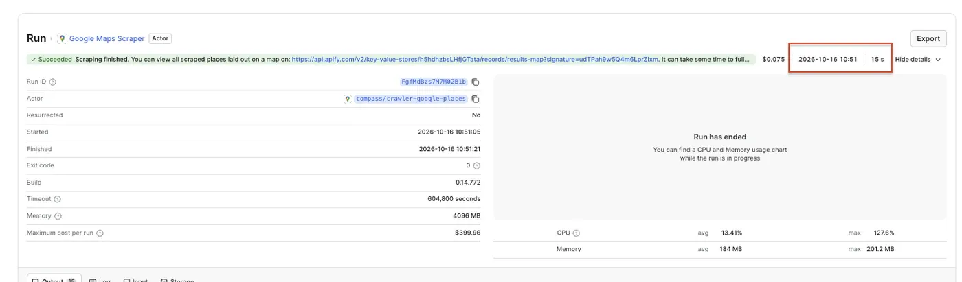 Google Maps Scraper run in Apify Console triggered via MCP