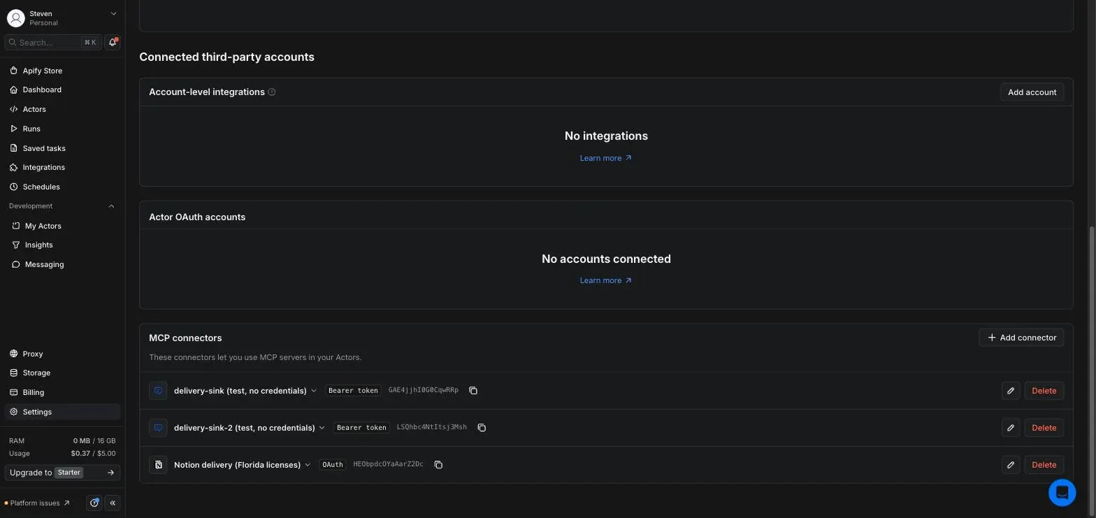 Apify Console Settings page showing the MCP connectors section with two no-credential delivery-sink test connectors and a Notion OAuth connector