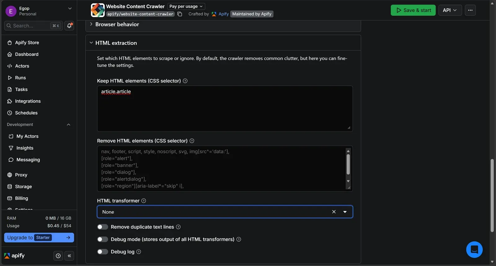 Apify's Website Content Crawler input form, HTML extraction section