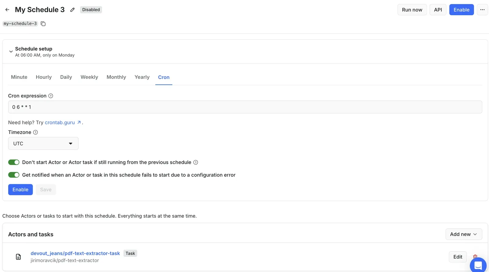 Apify Console schedule form with a cron expression and a saved task